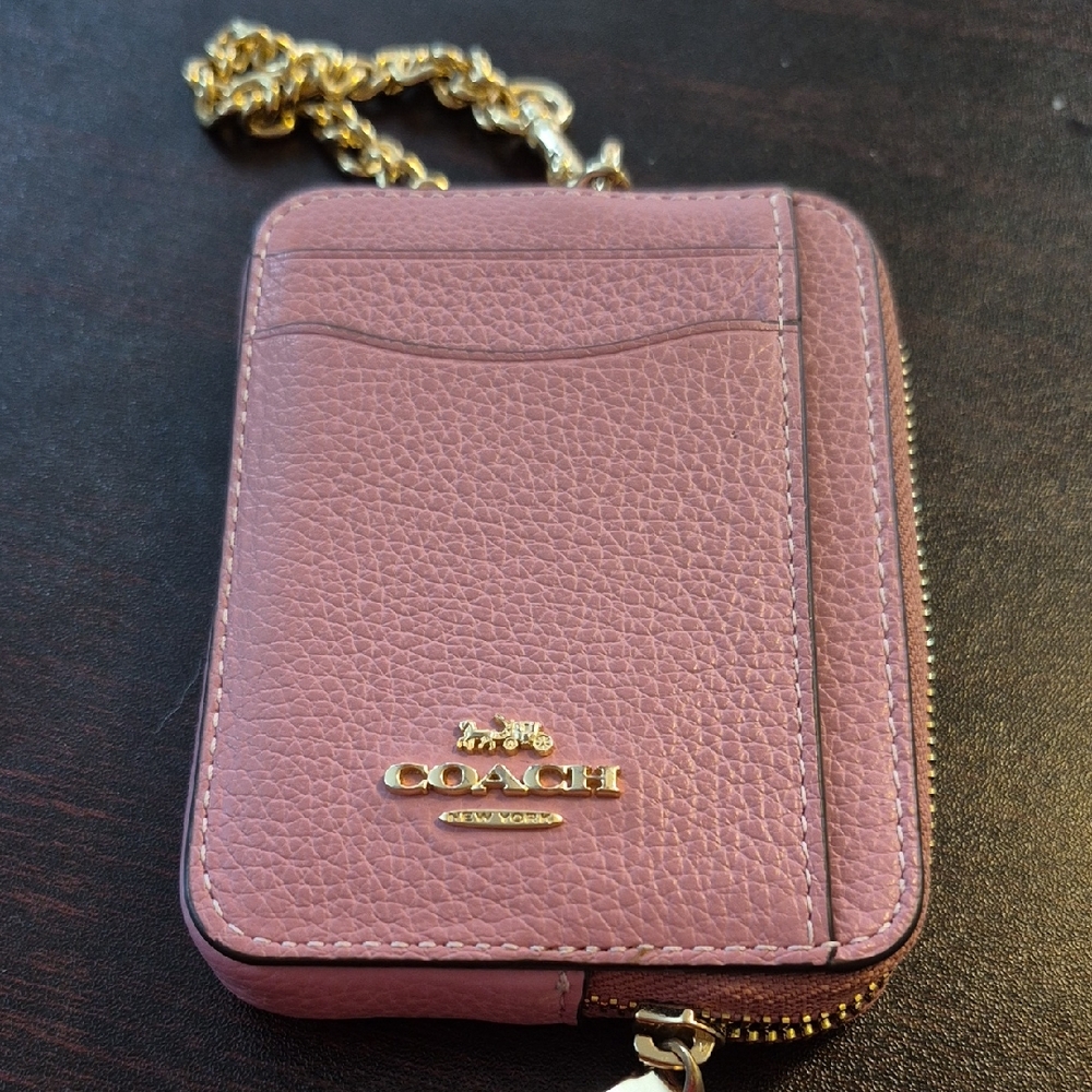 Coach Mauve Leather Card Holder with Gold Chain